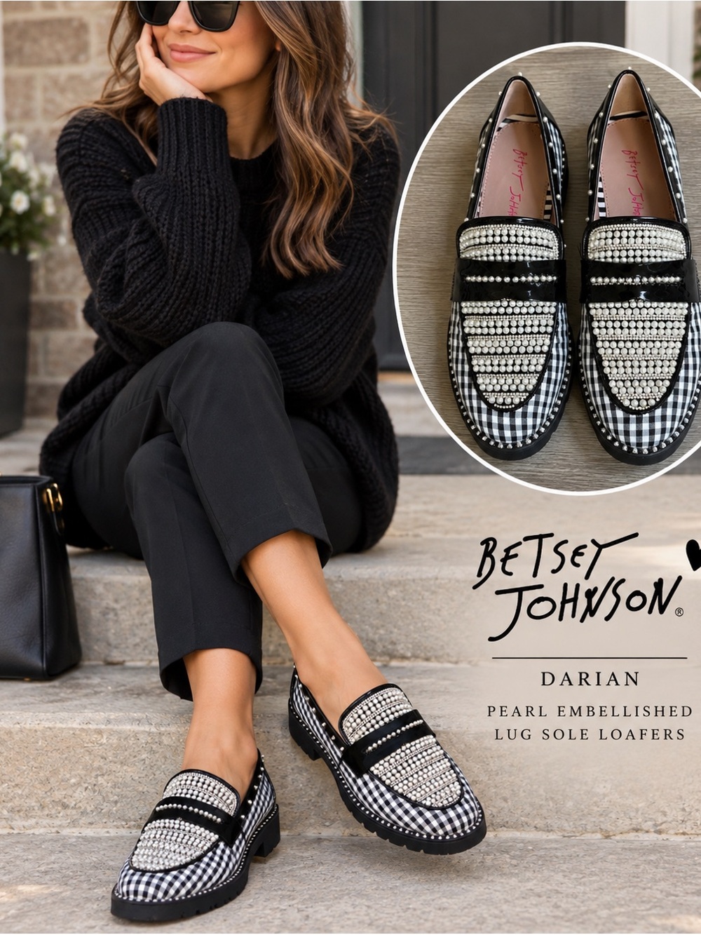 Betsey Johnson Darian Pearl Rhinestone Gingham Loafers Black White 8.5